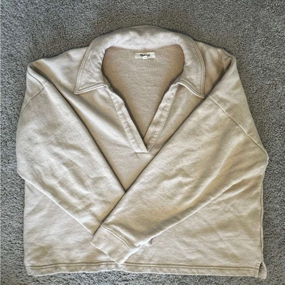 Madewell Womens Cotton-Hemp Oversized Polo Sweatshirt V Neck Pink M